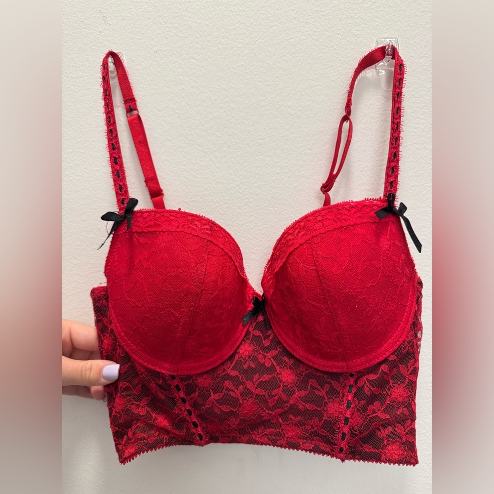 Charlotte Russe Red Lace Longline Bustier Bra with Black Bow Accents
